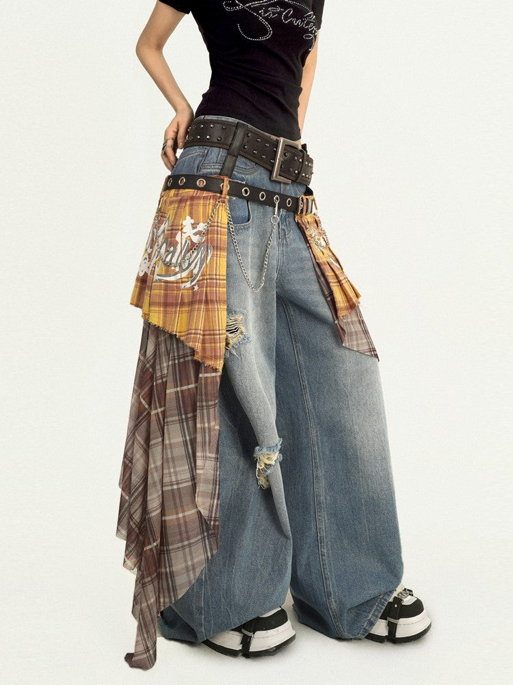 Punk with Plaid Print Graffiti Chain Asymmetrical Skirt Y2K Yellow Belts