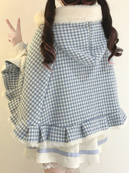 Hooded Fleece-Lined Kei Buttons Heart Cape Houndstooth Jirai with