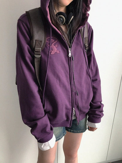 Retro Fall Dark Purple Hooded Zip Jacket with Gecko Motif and Striped Accents - innomoood