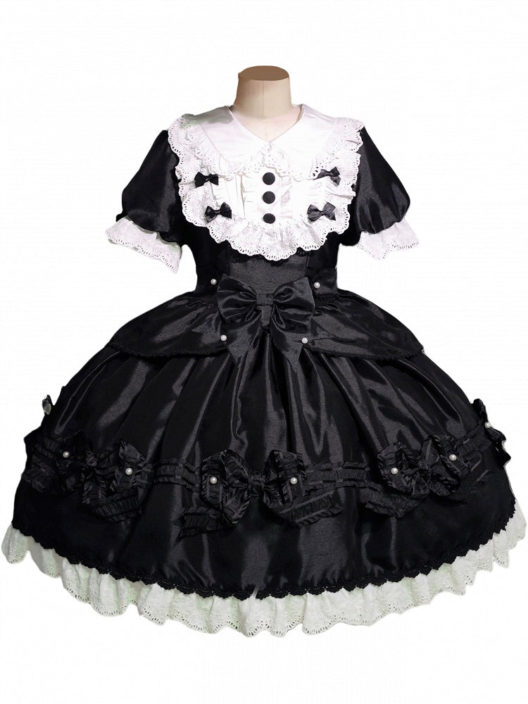 Details Dress with White Sweet Bead Trimmed Black Lolita Lace and Bow