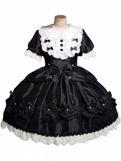 Details Dress with White Sweet Bead Trimmed Black Lolita Lace and Bow