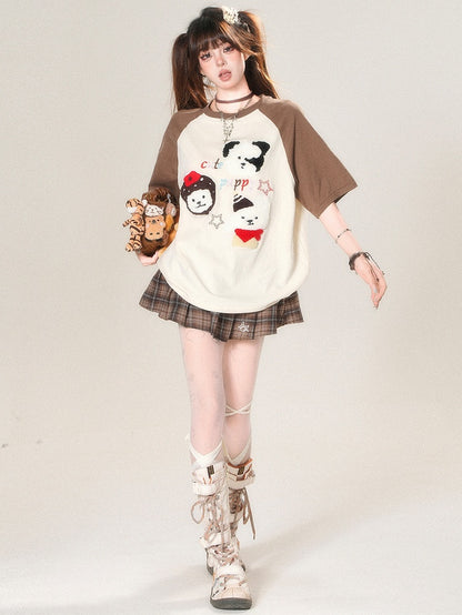 T-Shirt Plüsch Kawaii Beige/Blau Welpe Buchstaben Applikation Stickerei Alltag