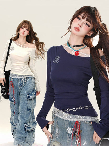 Aprikose/königsblaues, schmal geschnittenes Oberteil mit Spitzenakzenten und asymmetrischem Ausschnitt