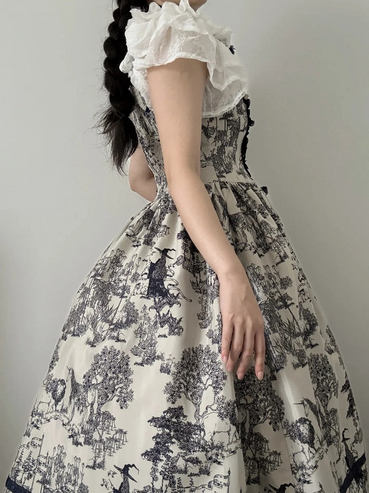 Bodice Forest Elegant Dress and Dark Corset Animals Lolita with Print Blue