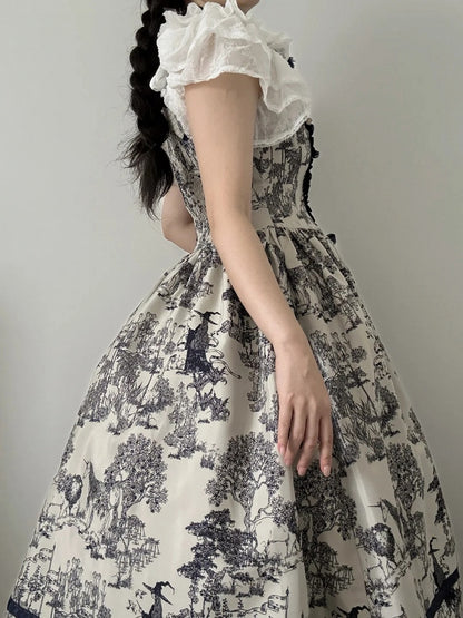 Bodice Forest Elegant Dress and Dark Corset Animals Lolita with Print Blue