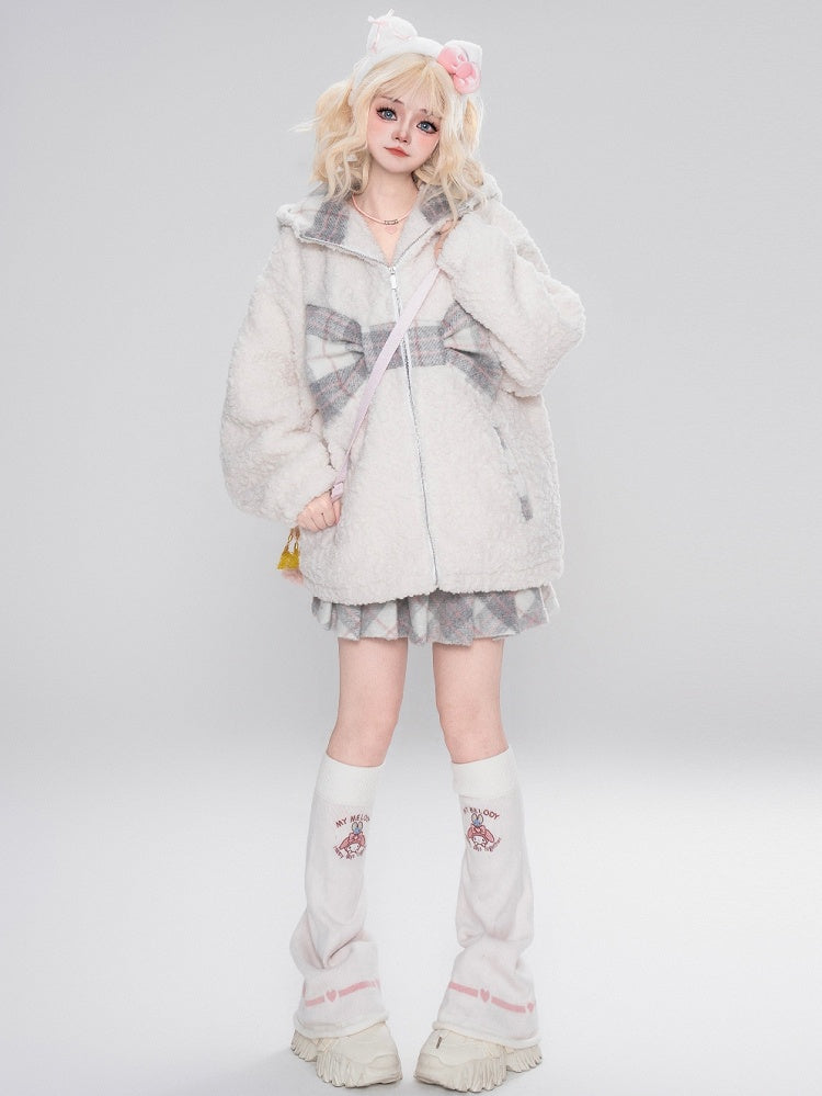 Milchweiß karierter Fleece-Kapuzenpullover mit Schleife und Bärenohren