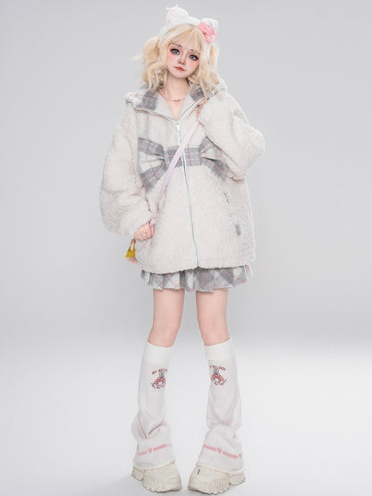 Milchweiß karierter Fleece-Kapuzenpullover mit Schleife und Bärenohren