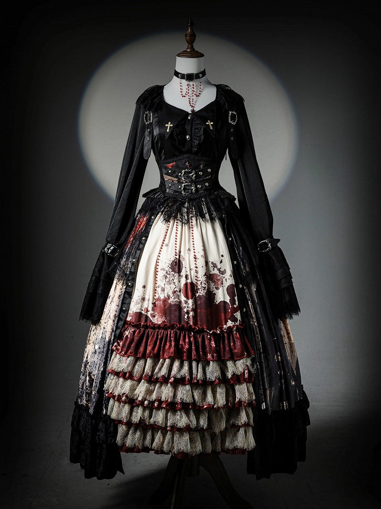 Black Pointed Collar Embroidered Cross Gothic Shirt with Arm Straps - Jailbird Hotel