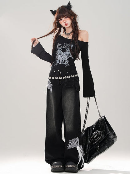 Black Asymmetrical Neckline Graphic Top Lace-up Detail at Waist