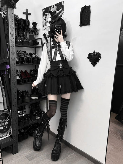 Bow + Tulle Black Jirai Skirt Kei Shirt Cross White Lace Set