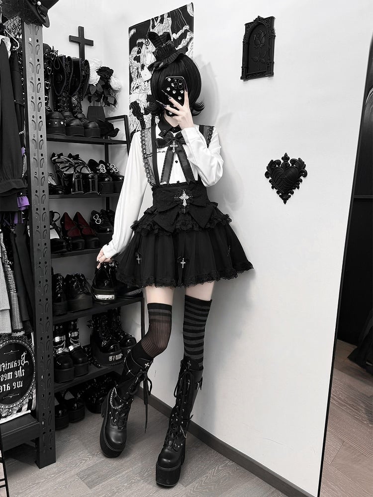 Skirt Tulle Black Bow Jirai Kei Removable Cross Lace Straps Design
