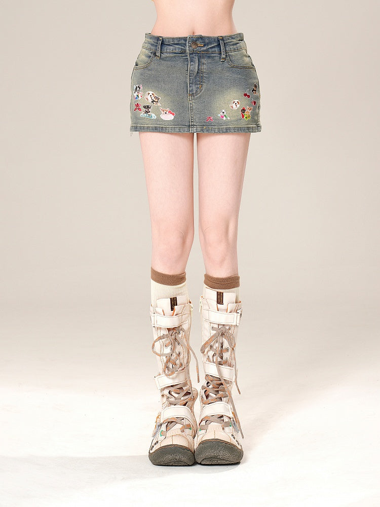 Jeansrock Bodycon Mini Adorable Puppy Print Blau