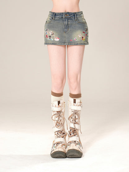 Jeansrock Bodycon Mini Adorable Puppy Print Blau