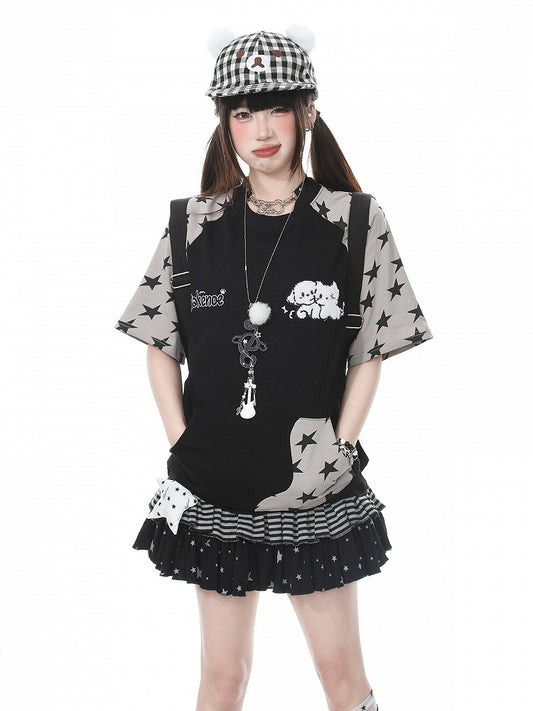 Black Star Print Short Sleeve Tee with Cat Embroidery - Languid Park