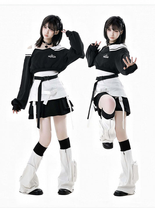 Wasteland Black V-Neck Futuristic Techwear Cropped Sweatshirt Punk