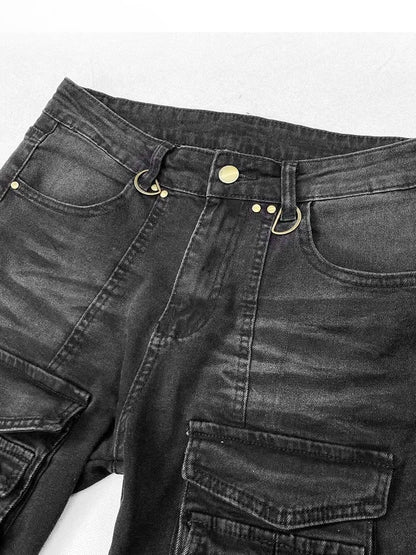 Silhouette Jeans mit mehreren Taschenakzenten, Taillenschlag, Kawaii, Schwarz, Glamourös, Bittersüß, Niedrig