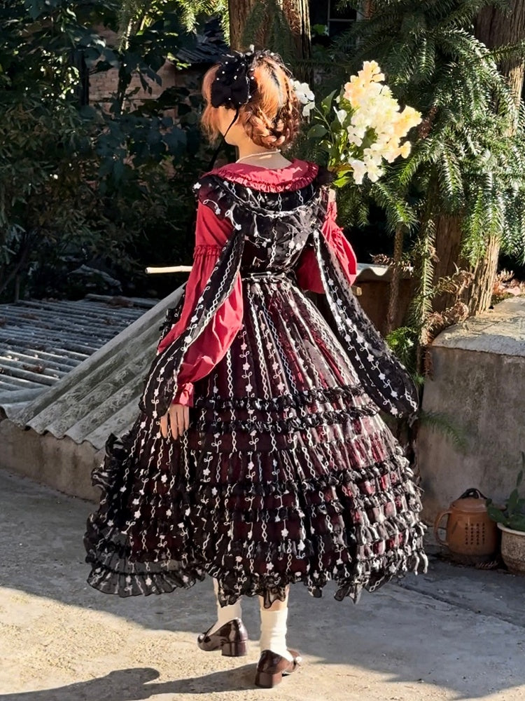 Floral Ear with Overdress Ruffled Pattern Hood Lolita Black Bunny