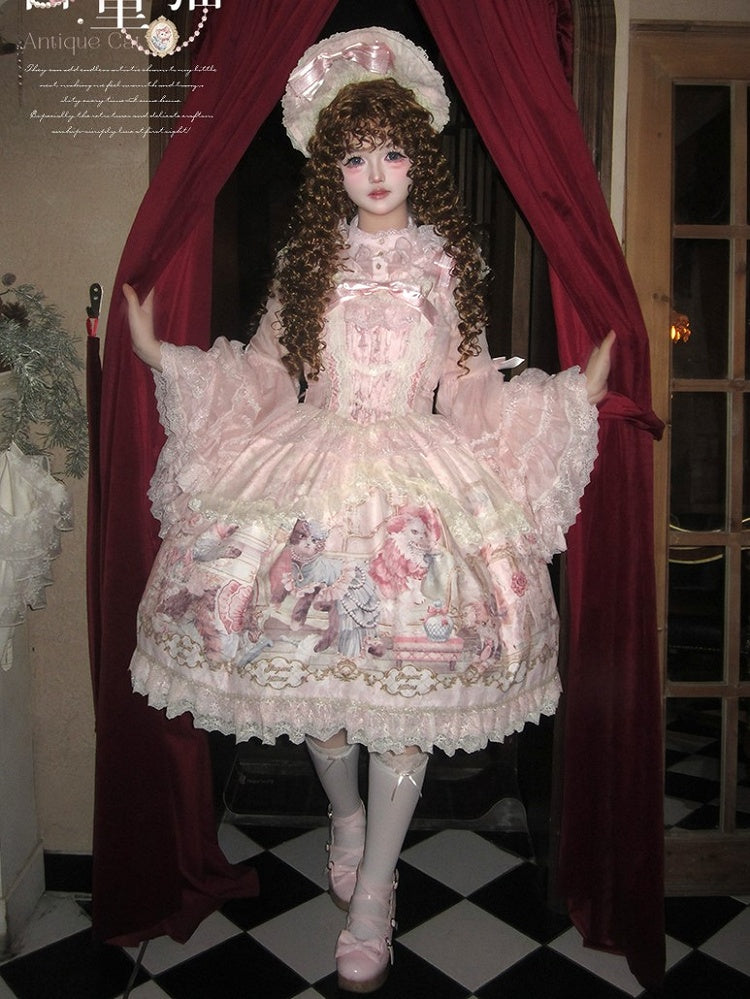 Sleeves Pink Cat Dress Flutter Trim and Bow Lace Print Accents Sweet with Lolita JSK