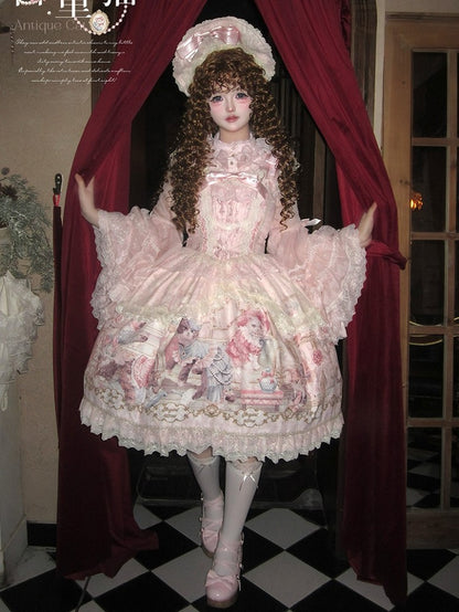 Sleeves Pink Cat Dress Flutter Trim and Bow Lace Print Accents Sweet with Lolita JSK