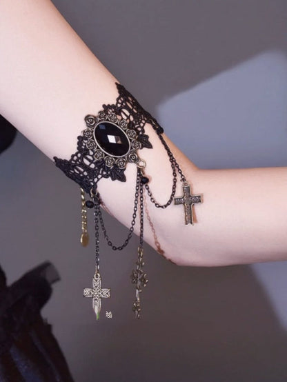 Gothic Rhinestone Lace Arm Cuff with Cross Motif - Mr. Cat