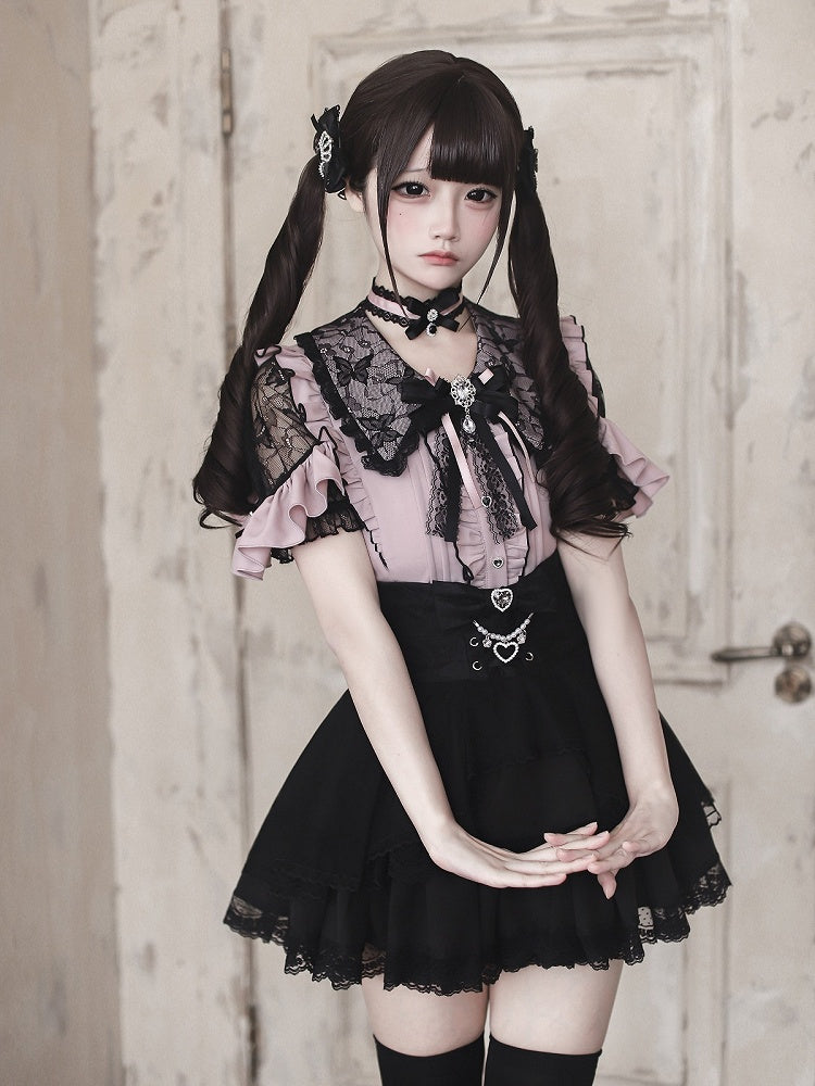 Jirai Kei Black & Pink Lace Cutout Shoulder Short Sleeve Ruffle Blouse - Ekomi