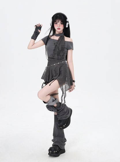and Dress All-in-one Glamorous Mini Punk Gray Asymmetrical Neckline and Choker Hem