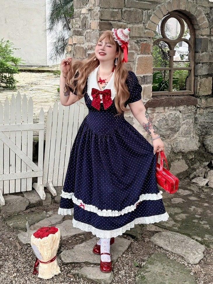 Plus Size Dark Blue Polka Dot Dress with Red Bow & Lace - Hard Candy
