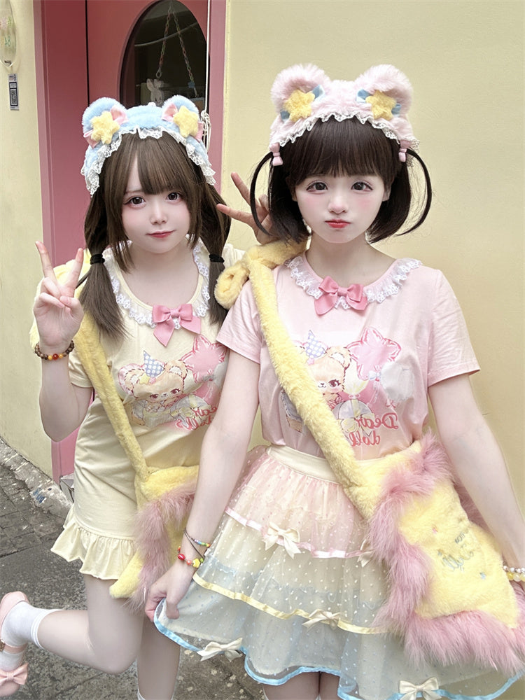 Ruffled Adorable Teddy Bear Print Bowknot Pink/Yellow Neckline Embellished T-Shirt