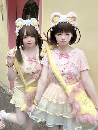Ruffled Adorable Teddy Bear Print Bowknot Pink/Yellow Neckline Embellished T-Shirt