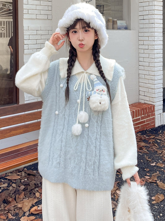 Cute Snowman Adorned Blue V-neck Mohair Vest