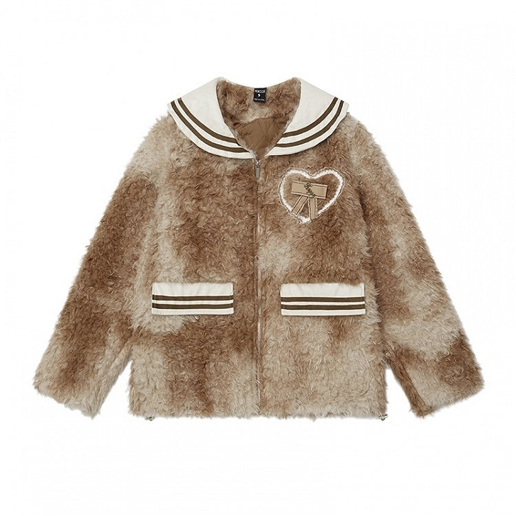 ブラック/ブラウンのセーラーカラーの蝶結びディテールのフリースジャケット