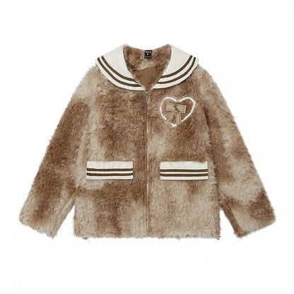 ブラック/ブラウンのセーラーカラーの蝶結びディテールのフリースジャケット