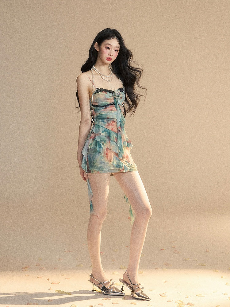 Contrast Floral Cami Dress Blue Asymmetrical Ruffled Hem Trim Lace Black