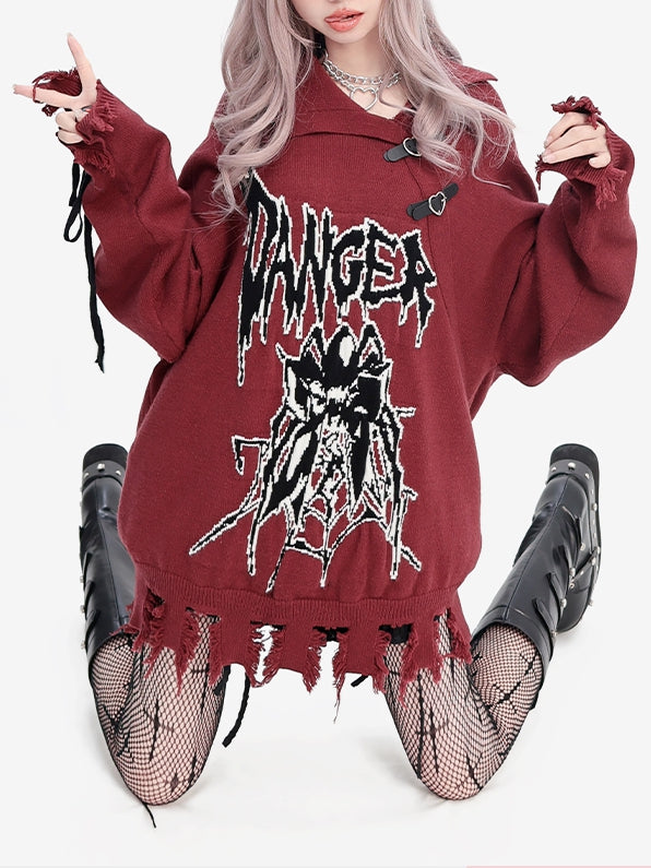 Y2K ダークレッド スパイダー柄 ディストレストリム ルーズセーター レースアップディテールスリーブ