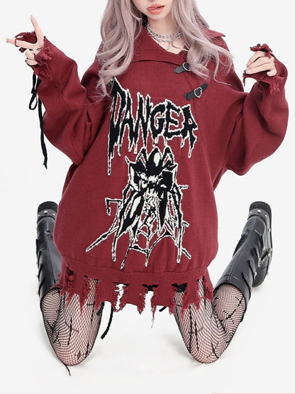 Y2K ダークレッド スパイダー柄 ディストレストリム ルーズセーター レースアップディテールスリーブ