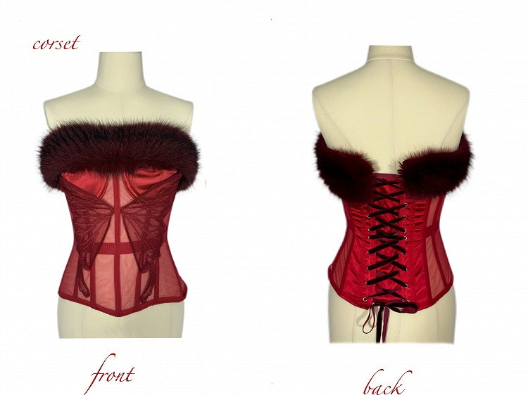 Gothic Red Plush Neckline Butterfly Semi-sheer Boned Corset