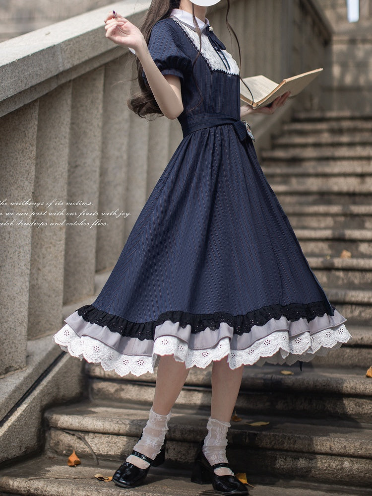 Blue Navy Piece Peter Pan Collar and Puff Sleeves Pattern Classic Plaid Lolita One with Elegant in