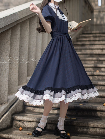 Blue Navy Piece Peter Pan Collar and Puff Sleeves Pattern Classic Plaid Lolita One with Elegant in