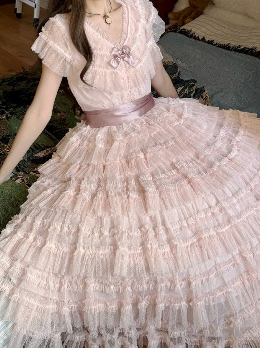 Mesh-Set Rosa Weste Baumwolle Lolita Gürtel Elegante gepunktete Taille - Mehrlagiger Tüllrock Klassisch +