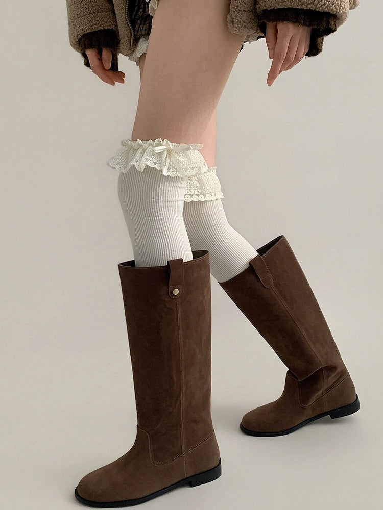 Colors) Lace Bow Ruffle Ribbed (5 Stockings Thigh-High