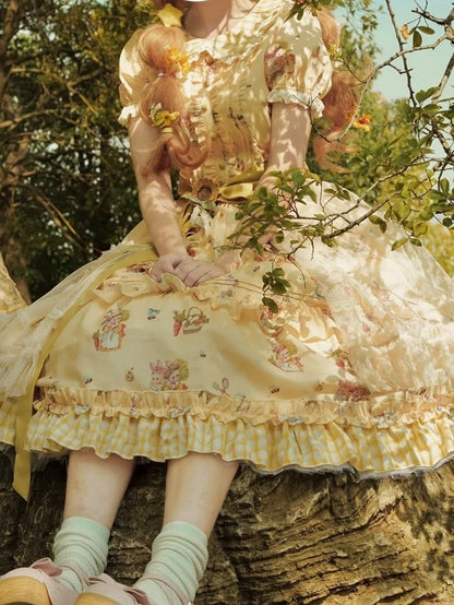 Sweet Bunny Yellow with and Sunflower Puff Lolita Overlay Dress Plaid Hem Sleeves Print