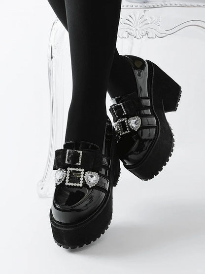 Jirai 10cm Pointed-Toe Loafers Polished Black Rhinestone Kei in Bow Platform with Heel Sweetheart