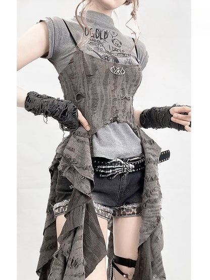 パンクアクセント ラッフルトップ ディストレストディテール ウェイストランド カスケードキャミソール グレー