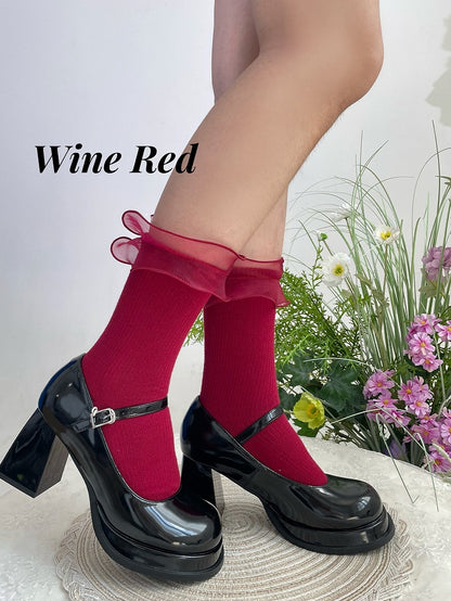 Sweet Lolita Pink Organza Trim Calf Socks