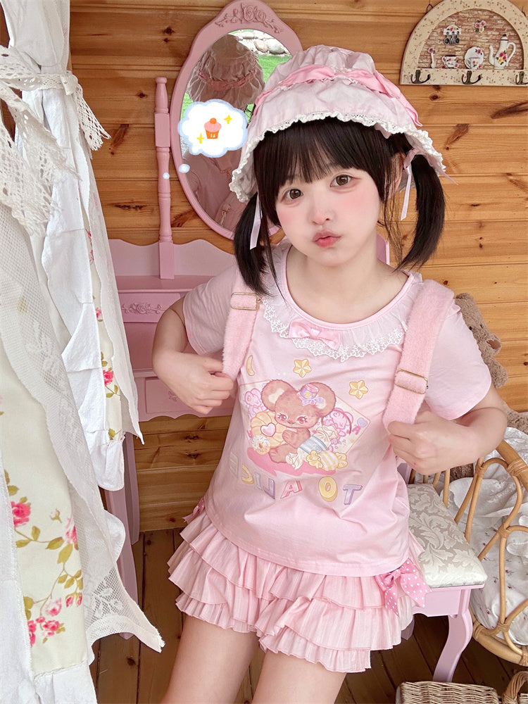 ピンクの伸縮性ウエスト、蝶結び、サイドアクセント、ティアードフリル、ブルマー