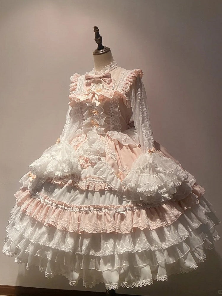 Accents Layered Light Hime Sleeves Ruffle Pink White Dress Lolita Bow with Bell