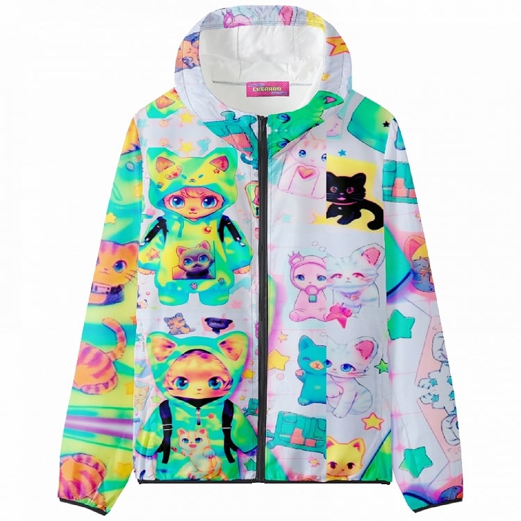 Y2K Hoodie Green Jacket Print Sun Cat Protection