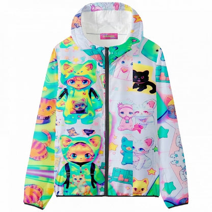 Y2K Hoodie Green Jacket Print Sun Cat Protection