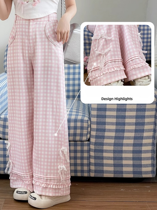 Pink Plaid High Waist Lace Bowknots Wide-Leg Pants Version Regular/Short