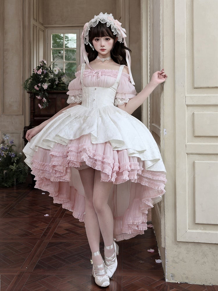Gothic Underbust JSK Dress with Off-Shoulder Blouse, Pink & White, High-Low Skirt - Sheer Ocean